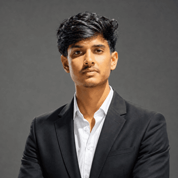 Profile portrait of a smiling developer in a glowing circular orbit graphic with floating technology tags in a stylized digital portfolio section